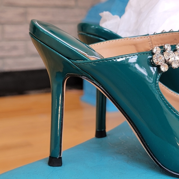 Green Slip On Mule Rhinestone Heels - Picture 6 of 10